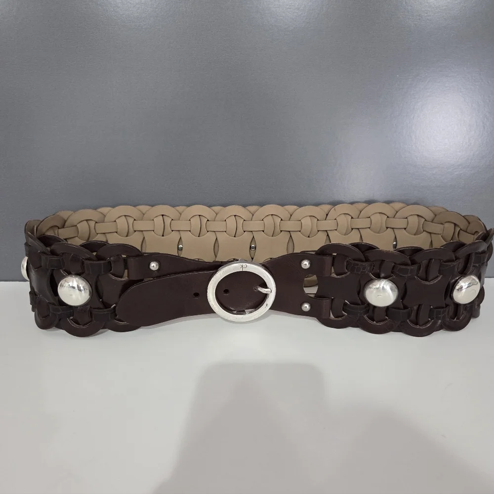 Calvin Klein Woven Wide Brown Leather Belt - Picture 4 of 6